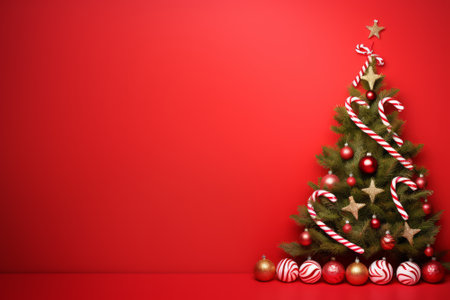 Christmas tree with candy canes and baubles on red backgroundの素材