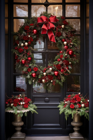 Christmas wreath in front of a door with red baublesの素材