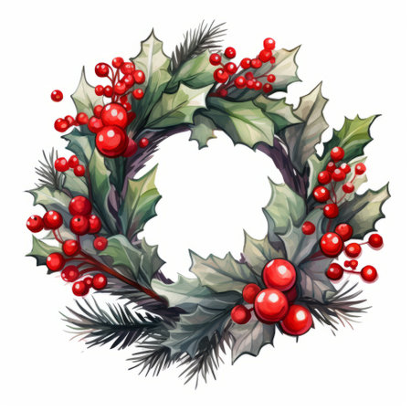 Watercolor Christmas wreath with holly berry. Vector illustration.の素材