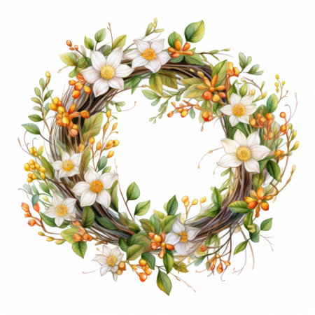 Watercolor wreath with wildflowers and berries. Hand painted illustration isolated on white backgroundの素材