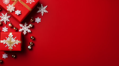 Christmas background with red gift boxes, snowflakes and decorations on red backgroundの素材
