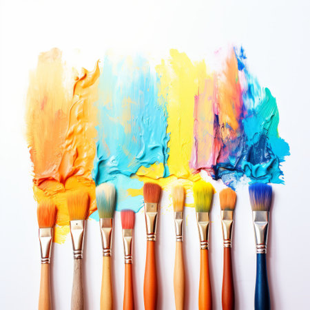 Paint brushes and palette of different colors on a white background.の素材