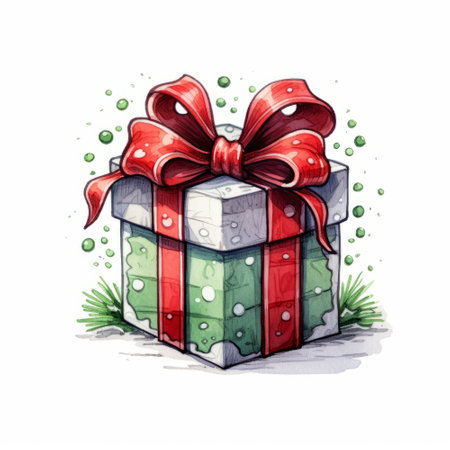 Gift box with red ribbon and bow. Watercolor hand drawn illustrationの素材