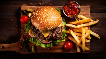 Cheese burger - American cheese burger with Golden French fries and ketchupの素材