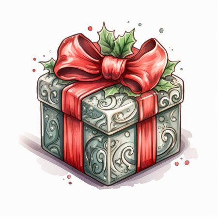 Gift box with red bow and holly leaves. Vector illustration.の素材
