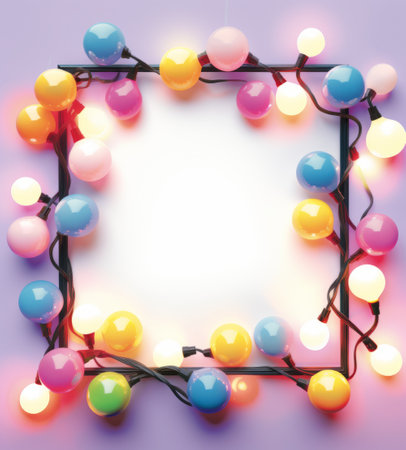 Festive frame with colorful balloons and garland on purple background.の素材