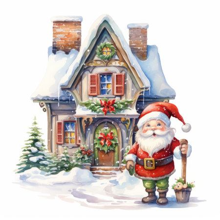 Christmas greeting card with Santa Claus and house in the snow. Watercolor illustrationの素材