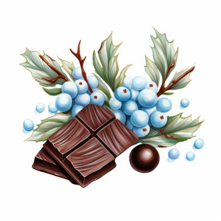 Chocolate bar with berries and leaves. Watercolor hand drawn illustrationの素材