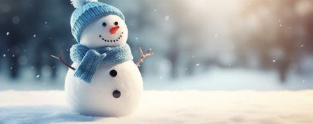 Snowman in winter forest. Christmas and New Year holidays background.の素材