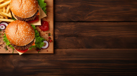 Hamburger with french fries on wooden background. Top view with copy spaceの素材