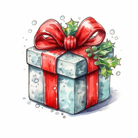 Watercolor christmas gift box with red bow. hand drawn illustrationの素材