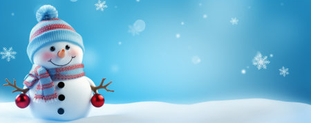 Snowman and snowflakes on blue background. Merry Christmas and Happy New Year banner.の素材