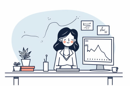 Young businesswoman working at office. Line art style vector illustration.の素材