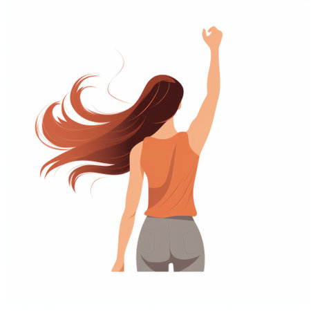 Young woman with long brown hair waving in the wind. Vector illustrationの素材