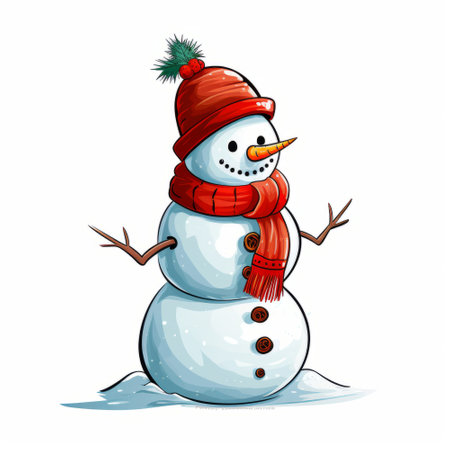 Snowman with red hat and scarf isolated on white background. Vector illustration.の素材