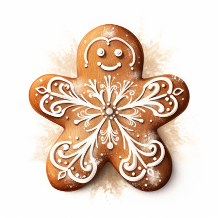 Gingerbread man on a white background with snowflakes.の素材