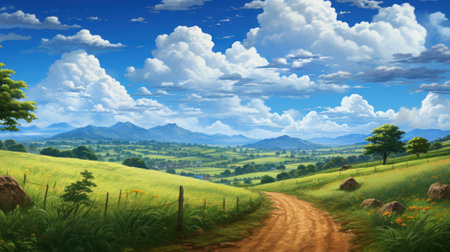 Landscape of meadow with blue sky and white clouds - illustrationの素材