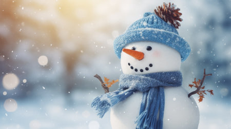 Snowman with scarf and hat on snowy background. Christmas and New Year concept.の素材