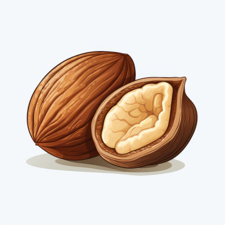 Illustration of two whole and half walnuts on a white backgroundの素材