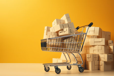 Shopping cart with boxes on yellow background. 3D illustration.の素材
