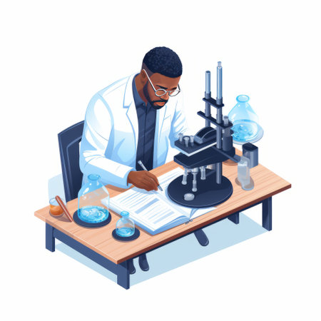 Scientist in lab coat and eyeglasses working with microscope and test tubes. Isometric vector illustrationの素材