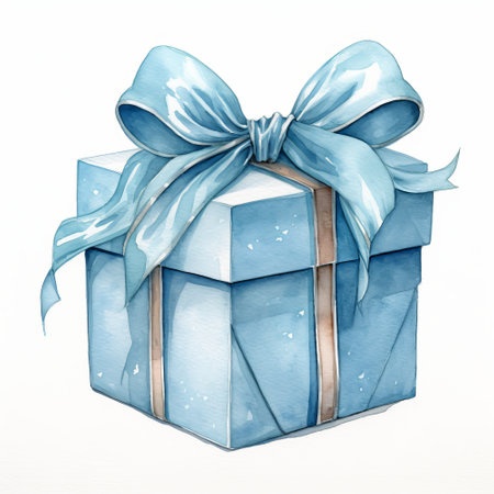 Blue gift box with blue bow isolated on white background. Watercolor illustration.の素材