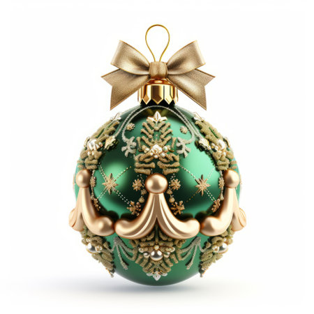 Green christmas ball with golden bow, isolated on white background.の素材