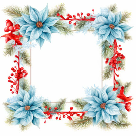 Christmas frame with poinsettia, holly berry and pine branchesの素材