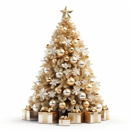 Christmas tree with golden decorations and gift boxes on a white background.の素材