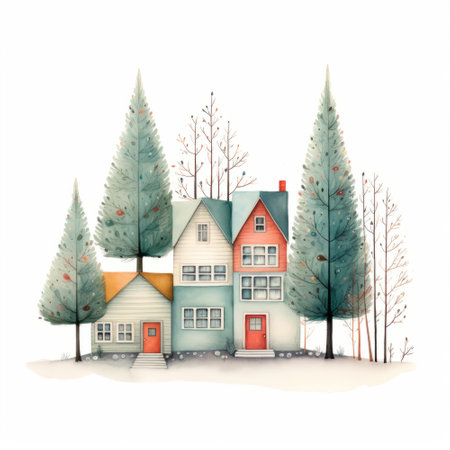 Winter landscape with houses, trees and snow. Watercolor illustration.の素材