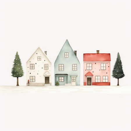 Winter village with houses, trees and snowdrift. Vector illustration.の素材