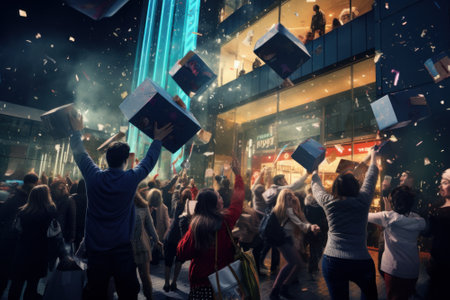 people dancing and jumping in the city center at nightの素材