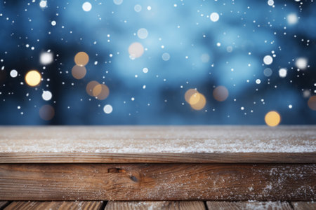 Wooden table with snow and bokeh lights on background.の素材