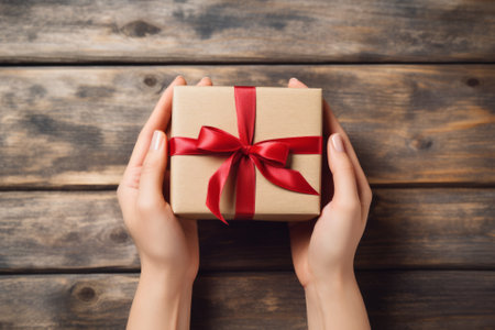 Female hands holding a gift box with a red ribbon on a wooden background.の素材