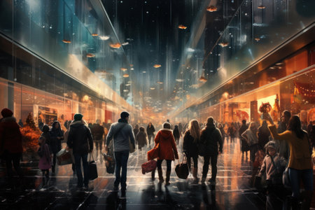Crowd of people walking in the night city. 3d renderingの素材