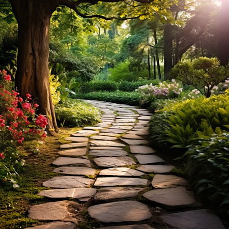 Stone path in the garden with flowers in the morning. Beautiful nature backgroundの素材