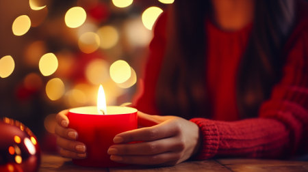 close up of woman holding christmas candle on bokeh backgroundの素材
