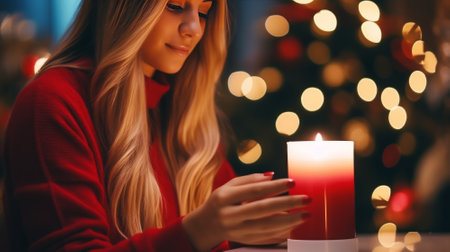 Beautiful young woman in red sweater holding burning candle at home on Christmas eveの素材