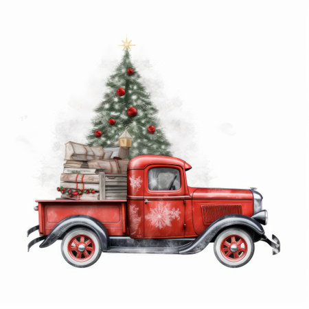Vintage red pickup truck with christmas tree and presents. Watercolor illustrationの素材