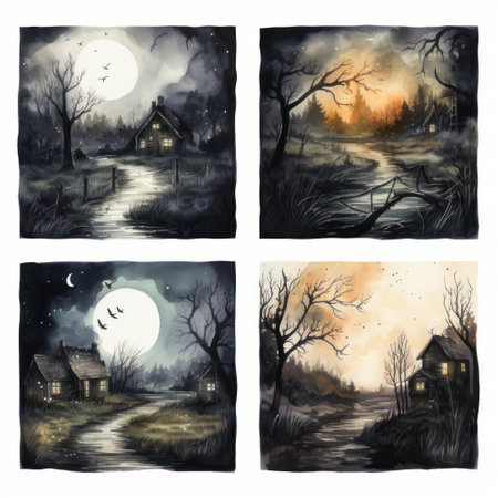 Set of four watercolor illustrations of a rural landscape at night.の素材