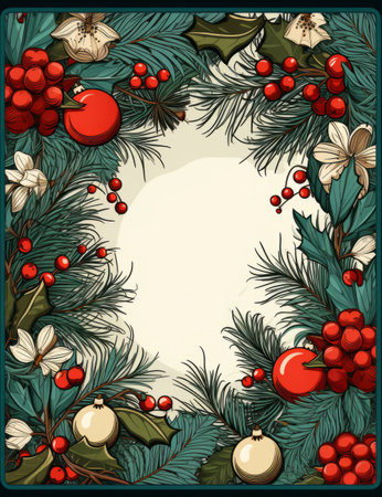 Vintage Christmas background with fir branches, holly berry, mistletoe and berriesの素材