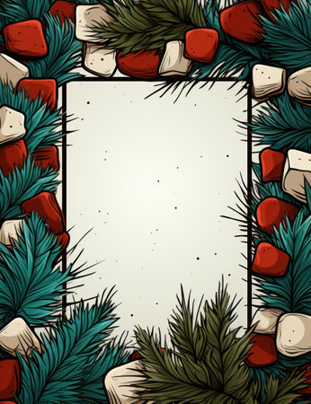 Christmas frame with fir branches, pine cones and stones. Vector illustration.の素材