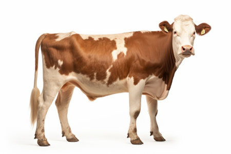 Brown and white cow isolated on a white background, side view.の素材