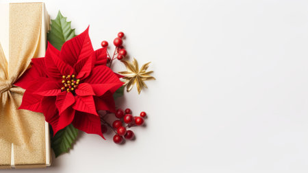 Christmas decoration with poinsettia flower on white background with copy spaceの素材