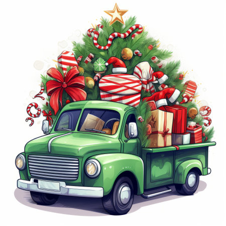 Illustration of a green retro car with christmas tree and presentsの素材