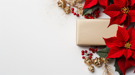 Christmas background with poinsettia and gift box on white backgroundの素材