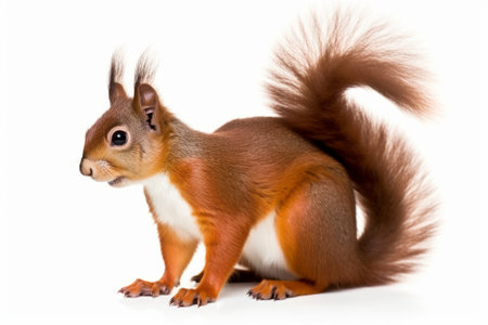 Red squirrel isolated on white background. Side view. Studio shot.の素材