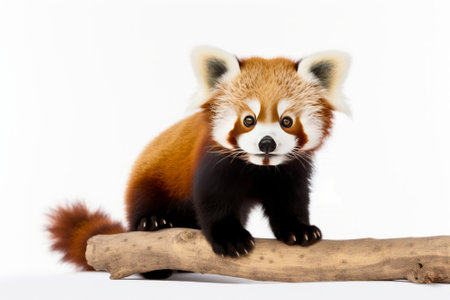 Red panda sitting on a log isolated on a white background.の素材