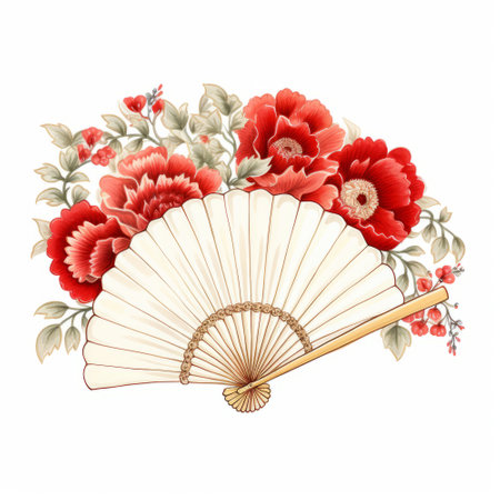 Folding fan with red flowers isolated on white background. Vector illustration.の素材