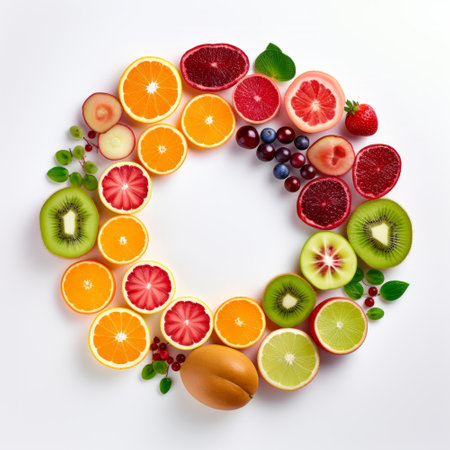 Fruits and berries in the form of a circle on a white backgroundの素材